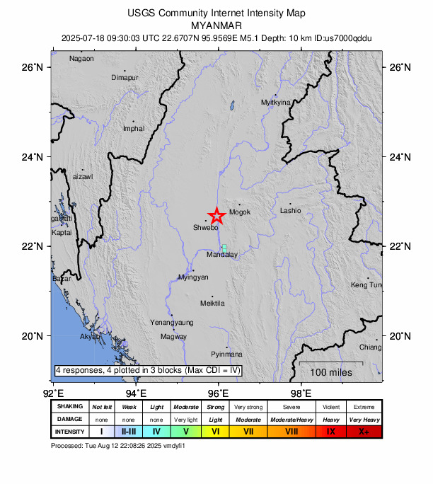 USGS DYFI community-reported intensity map for the M5.1 earthquake near 28 km ENE of Shwebo, Burma (Myanmar)