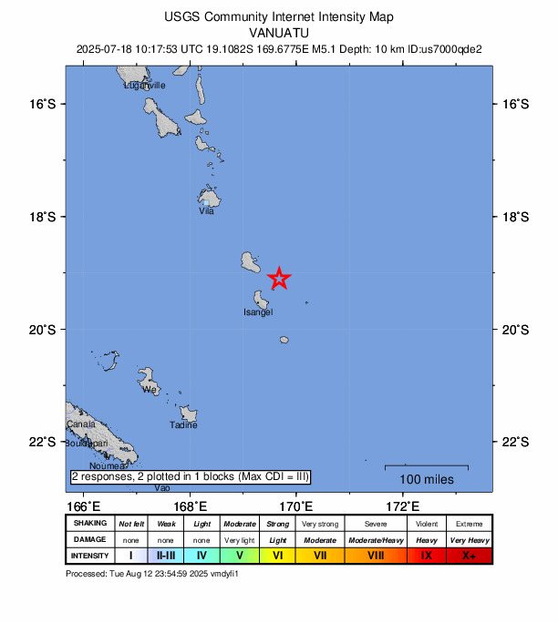 USGS DYFI community-reported intensity map for the M5.1 earthquake near 63 km NE of Isangel, Vanuatu