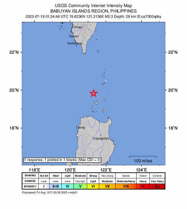 USGS DYFI community-reported intensity map for the M5.3 earthquake near 97 km SW of Basco, Philippines