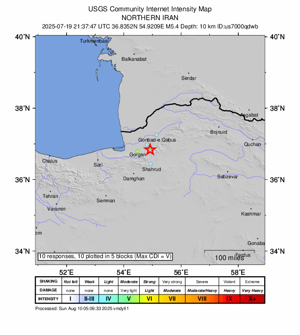USGS DYFI community-reported intensity map for the M5.1 earthquake near 30 km E of Qarnābād, Iran