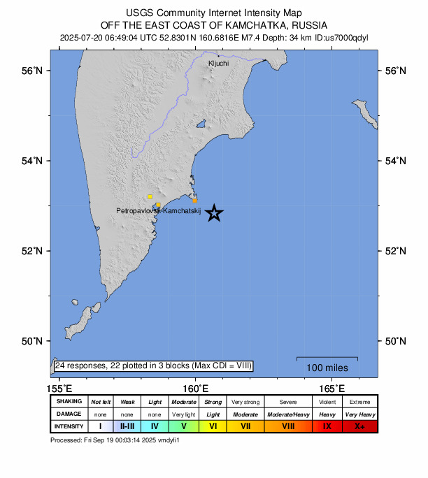 USGS DYFI community-reported intensity map for the M7.4 earthquake near 2025 Eastern Kamchatka, Russia Earthquake