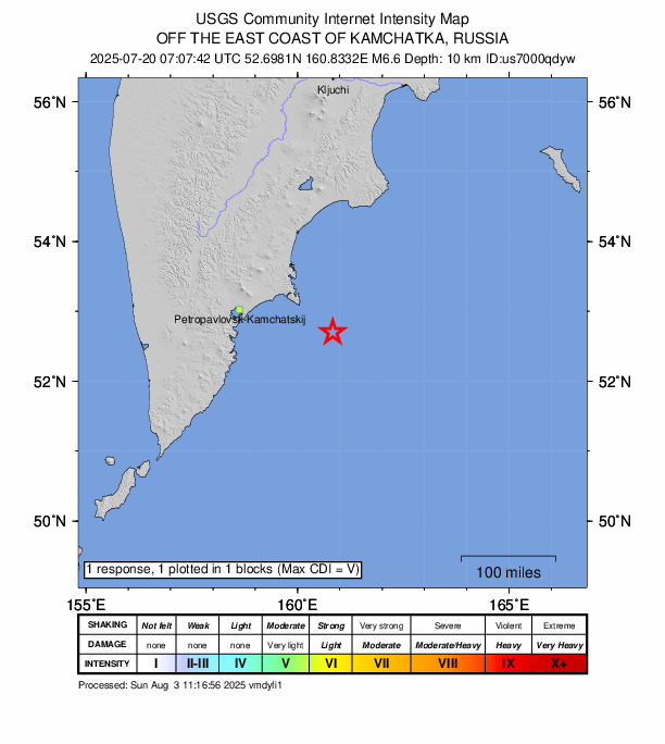 USGS DYFI community-reported intensity map for the M6.6 earthquake near 153 km ESE of Petropavlovsk-Kamchatsky, Russia