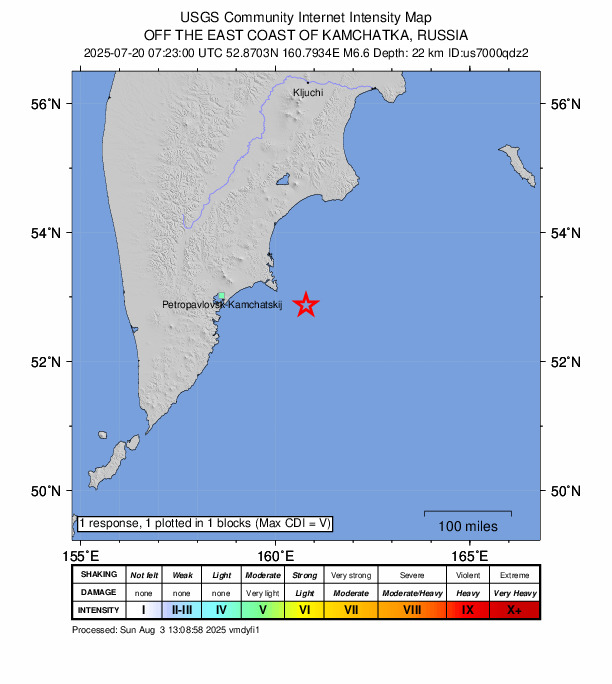 USGS DYFI community-reported intensity map for the M6.5 earthquake near 143 km E of Petropavlovsk-Kamchatsky, Russia