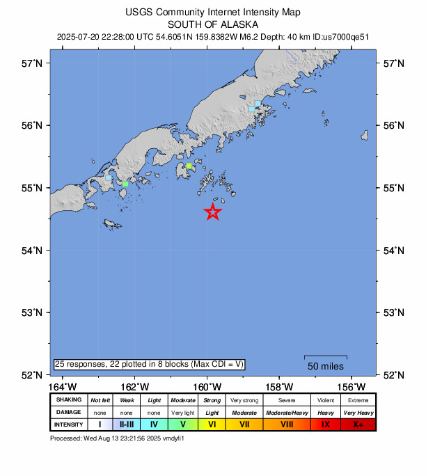 USGS DYFI community-reported intensity map for the M6.2 earthquake near 91 km SSE of Sand Point, Alaska