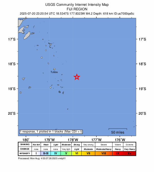 USGS DYFI community-reported intensity map for the M4.2 earthquake near Fiji region