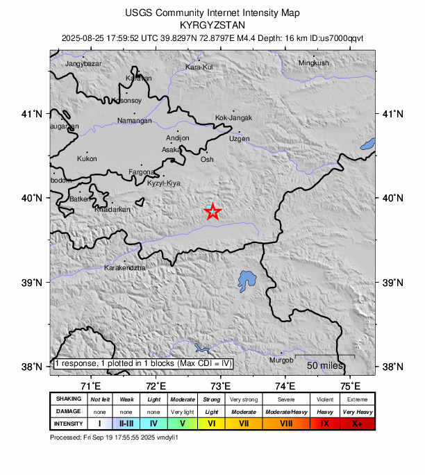 USGS DYFI community-reported intensity map for the M4.4 earthquake near 53 km SSE of Nookat, Kyrgyzstan