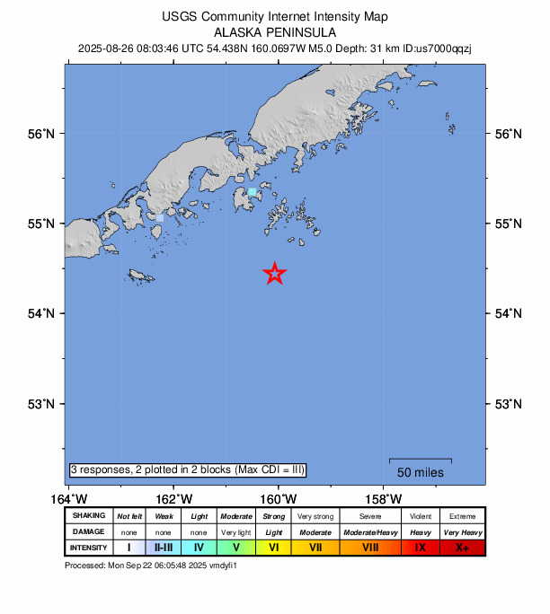 USGS DYFI community-reported intensity map for the M5.0 earthquake near 103 km SSE of Sand Point, Alaska