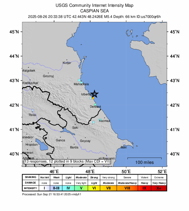 USGS DYFI community-reported intensity map for the M5.4 earthquake near 21 km ENE of Novokayakent, Russia