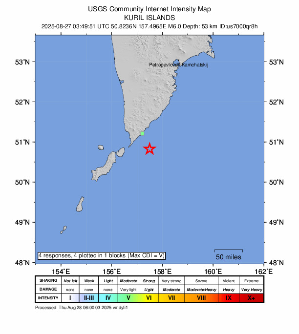USGS DYFI community-reported intensity map for the M6.0 earthquake near 92 km E of Severo-Kuril’sk, Russia