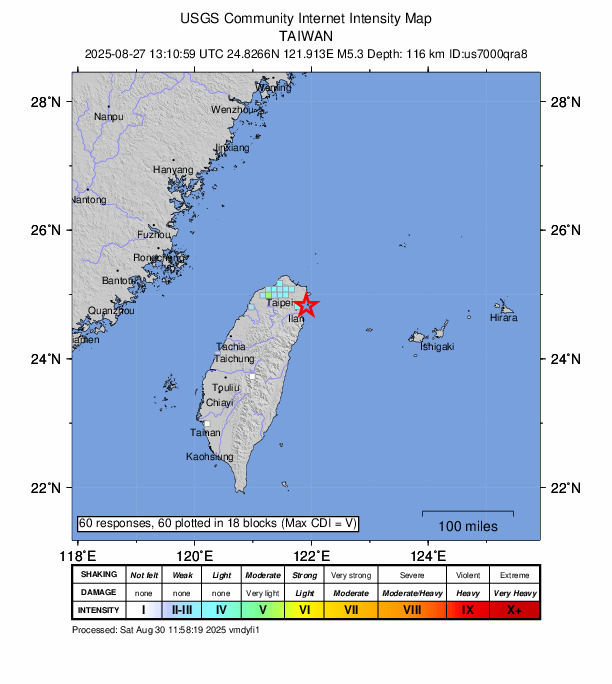 USGS DYFI community-reported intensity map for the M5.3 earthquake near 17 km ENE of Yilan, Taiwan