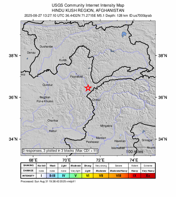 USGS DYFI community-reported intensity map for the M5.1 earthquake near 27 km SSW of Ashkāsham, Afghanistan
