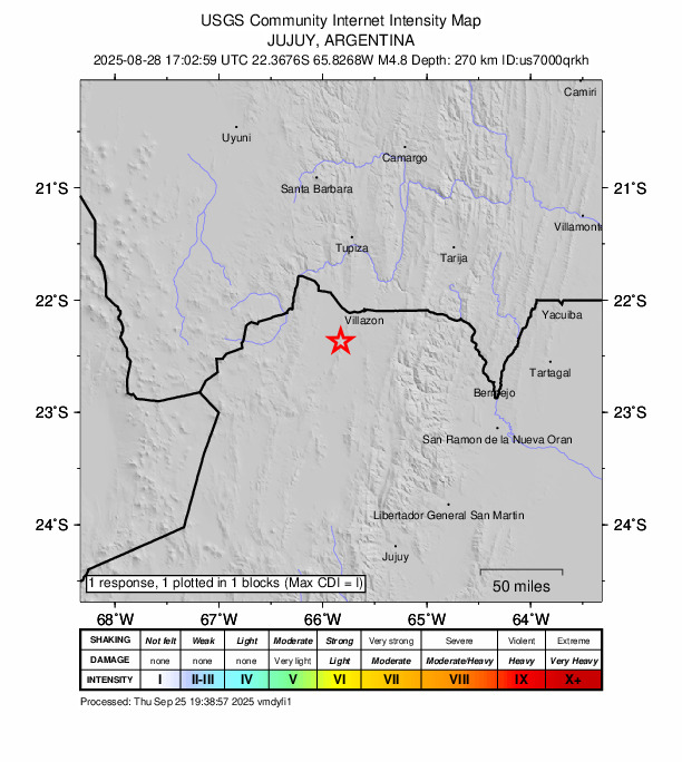 USGS DYFI community-reported intensity map for the M4.8 earthquake near 37 km SW of La Quiaca, Argentina