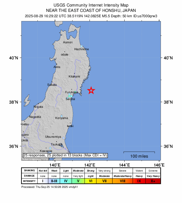 USGS DYFI community-reported intensity map for the M5.5 earthquake near 53 km E of Onagawa Chō, Japan