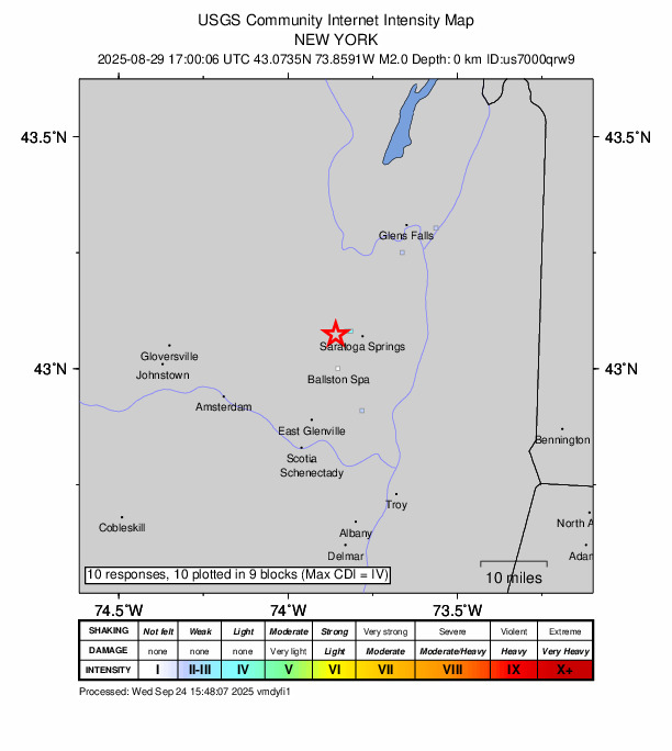 USGS DYFI community-reported intensity map for the M2.0 earthquake near 4 km N of Milton, New York