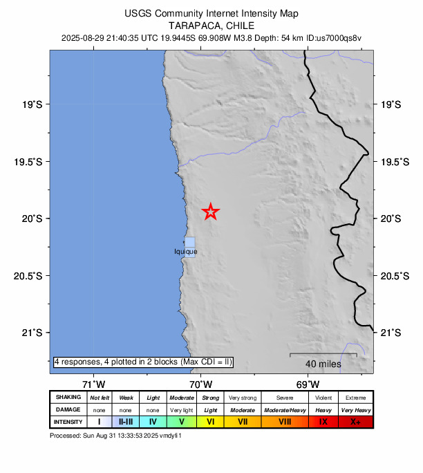 USGS DYFI community-reported intensity map for the M3.8 earthquake near 15 km WNW of Huara, Chile
