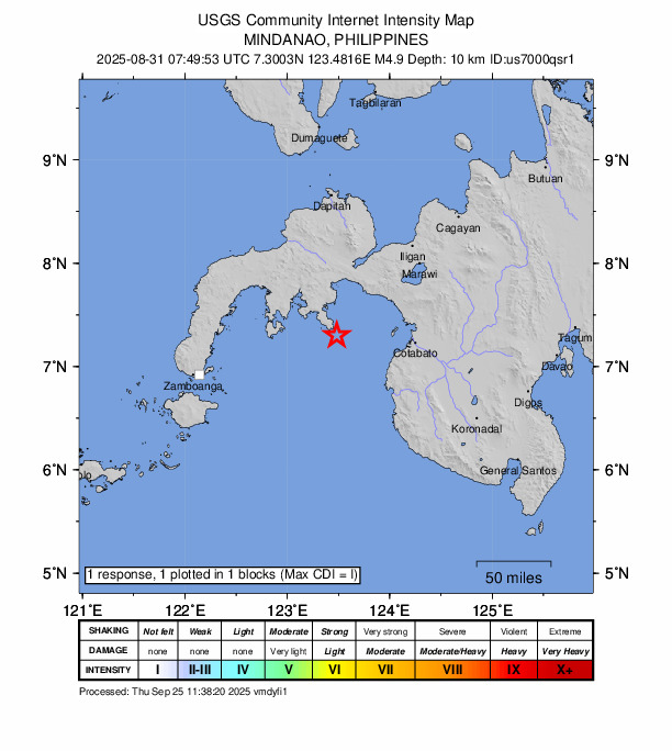 USGS DYFI community-reported intensity map for the M4.9 earthquake near 17 km SSE of Malim, Philippines