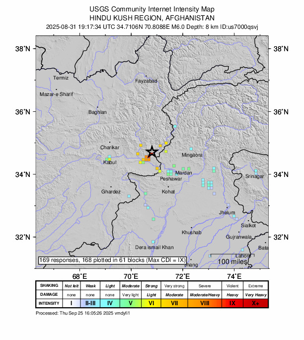 USGS DYFI community-reported intensity map for the M6.0 earthquake near 35 km WSW of Asadābād, Afghanistan
