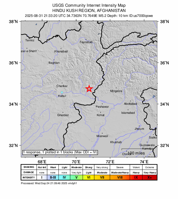 USGS DYFI community-reported intensity map for the M5.2 earthquake near 38 km WSW of Asadābād, Afghanistan