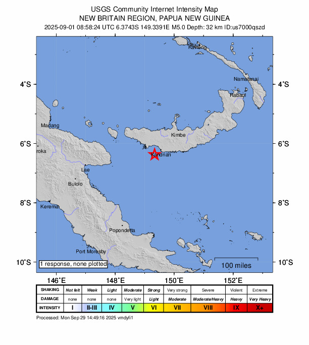 USGS DYFI community-reported intensity map for the M5.0 earthquake near 29 km SW of Kandrian, Papua New Guinea