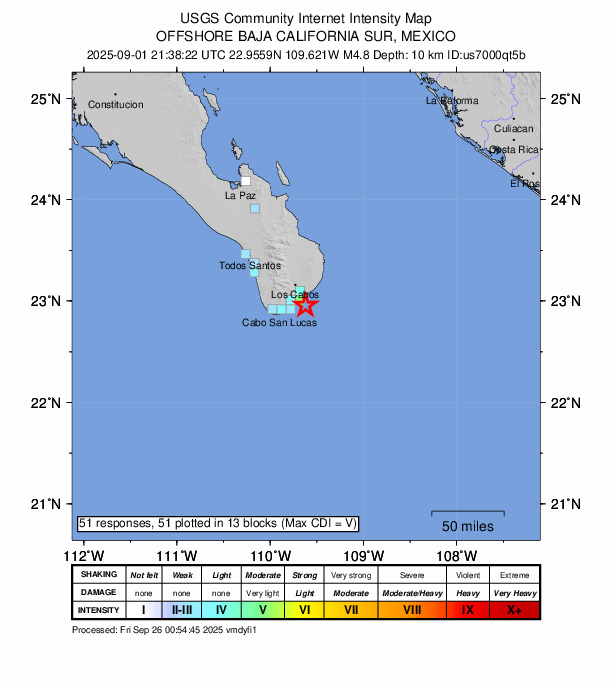 USGS DYFI community-reported intensity map for the M4.8 earthquake near 8 km S of San José del Cabo, Mexico