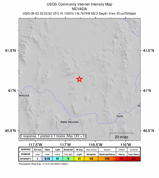 USGS DYFI community-reported intensity map for the M2.5 earthquake near 55 km NE of Valmy, Nevada