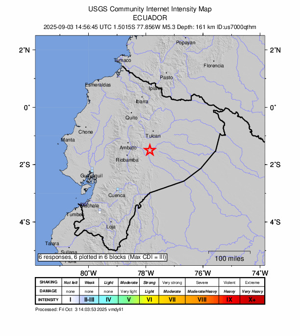 USGS DYFI community-reported intensity map for the M5.3 earthquake near 16 km E of Puyo, Ecuador