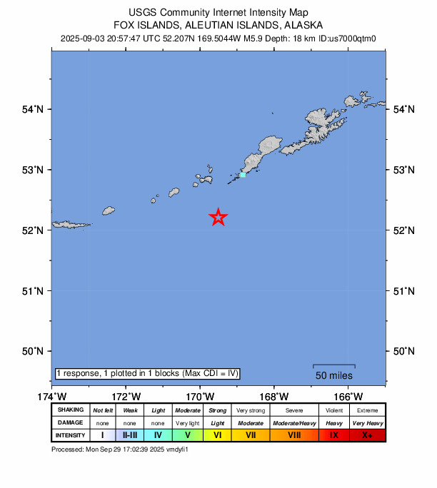 USGS DYFI community-reported intensity map for the M5.9 earthquake near 92 km SSW of Nikolski, Alaska