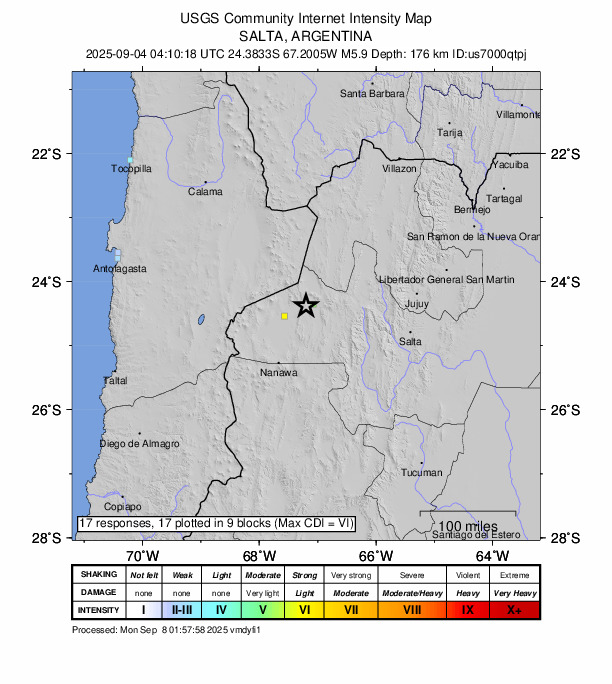 USGS DYFI community-reported intensity map for the M5.9 earthquake near 85 km W of San Antonio de los Cobres, Argentina