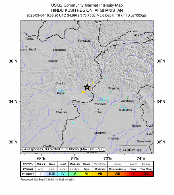 USGS DYFI community-reported intensity map for the M5.6 earthquake near 40 km WSW of Asadābād, Afghanistan