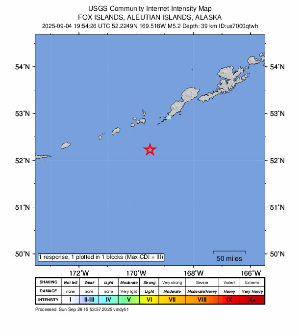 USGS DYFI community-reported intensity map for the M5.2 earthquake near 92 km SSW of Nikolski, Alaska