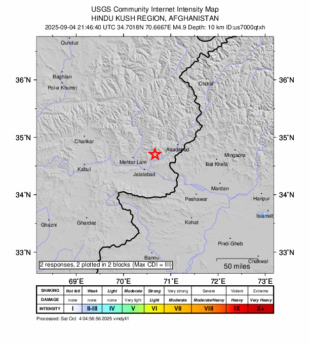 USGS DYFI community-reported intensity map for the M4.9 earthquake near 36 km NNE of Jalālābād, Afghanistan