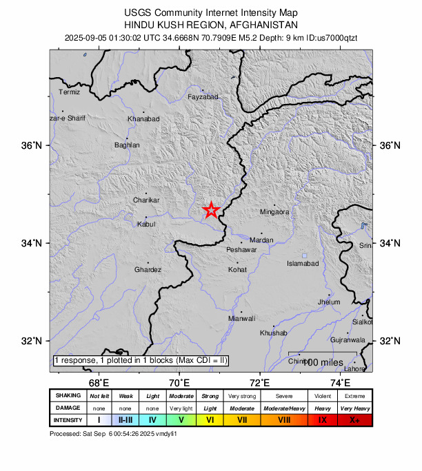 USGS DYFI community-reported intensity map for the M5.3 earthquake near 31 km WSW of Asadābād, Afghanistan