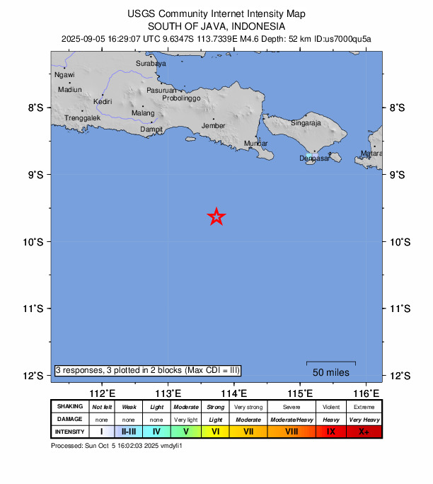 USGS DYFI community-reported intensity map for the M4.6 earthquake near 144 km SSW of Gambiran Satu, Indonesia