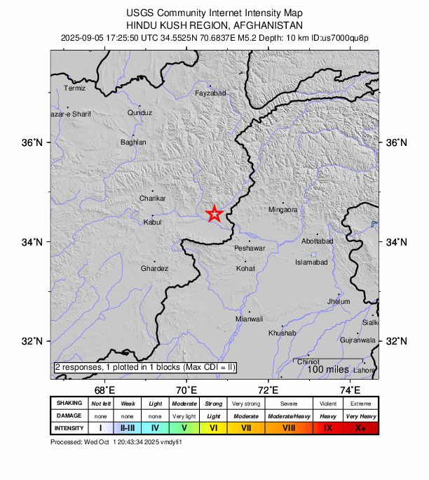 USGS DYFI community-reported intensity map for the M5.2 earthquake near 25 km ENE of Jalālābād, Afghanistan