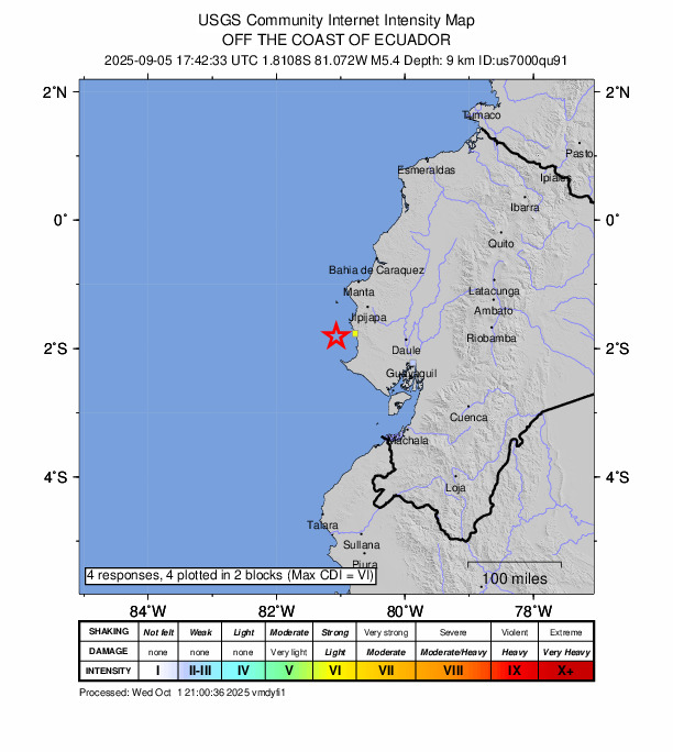 USGS DYFI community-reported intensity map for the M5.4 earthquake near 44 km NNW of Salinas, Ecuador