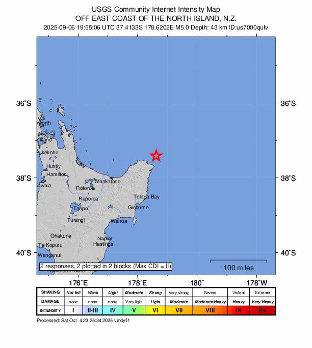 USGS DYFI community-reported intensity map for the M5.0 earthquake near 35 km NE of Hicks Bay, New Zealand