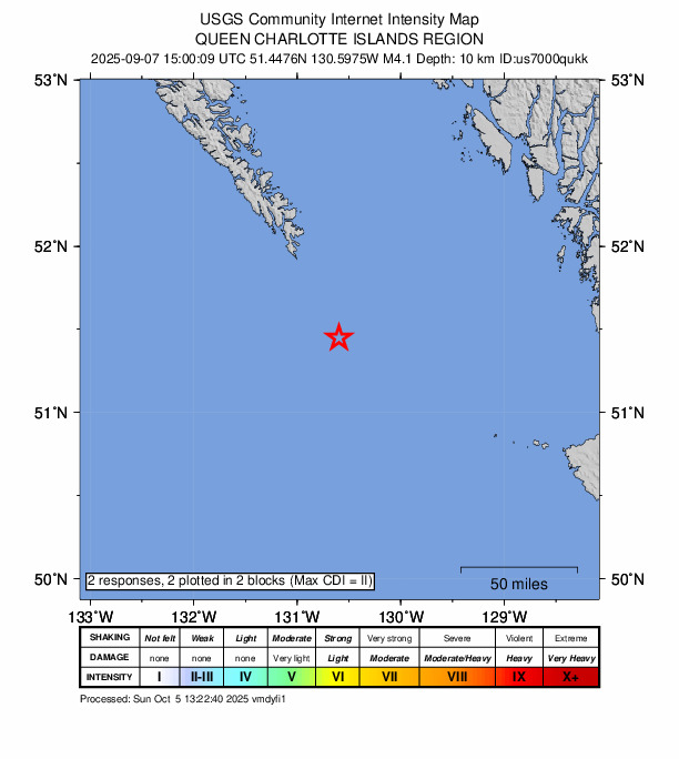 USGS DYFI community-reported intensity map for the M4.1 earthquake near 264 km WNW of Port McNeill, Canada