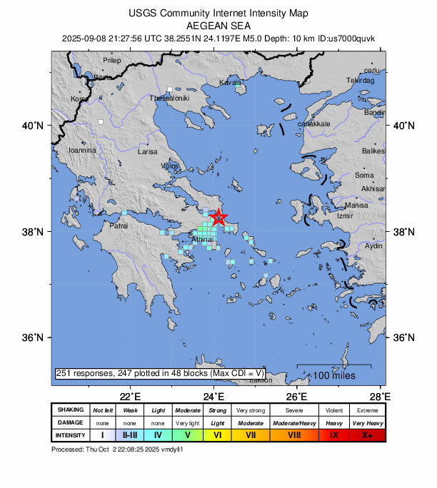 USGS DYFI community-reported intensity map for the M5.0 earthquake near 11 km NW of Néa Stíra, Greece
