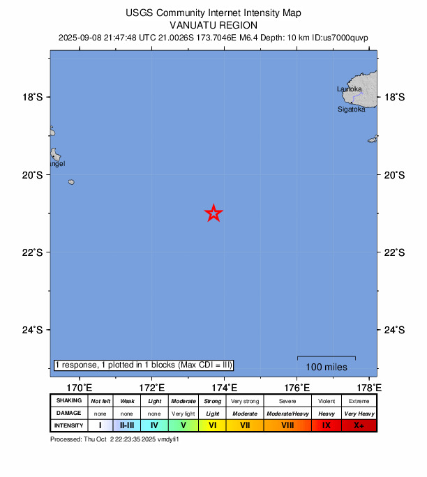 USGS DYFI community-reported intensity map for the M6.4 earthquake near Vanuatu region