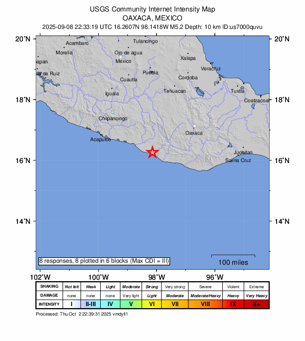 USGS DYFI community-reported intensity map for the M5.2 earthquake near 5 km ENE of Corralero, Mexico