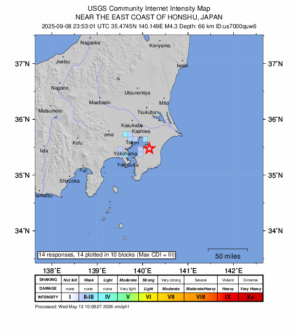 USGS DYFI community-reported intensity map for the M4.3 earthquake near 7 km SE of Ichihara, Japan