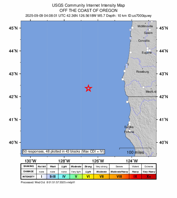 USGS DYFI community-reported intensity map for the M5.7 earthquake near 174 km WSW of Port Orford, Oregon