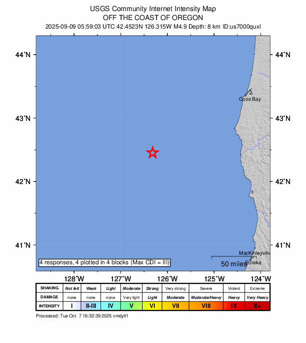 USGS DYFI community-reported intensity map for the M4.9 earthquake near 152 km WSW of Port Orford, Oregon