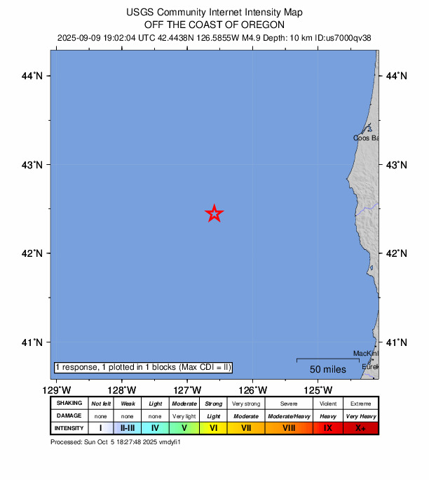 USGS DYFI community-reported intensity map for the M4.9 earthquake near 174 km WSW of Port Orford, Oregon