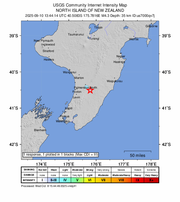 USGS DYFI community-reported intensity map for the M4.3 earthquake near 7 km SW of Pahiatua, New Zealand