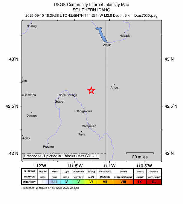 USGS DYFI community-reported intensity map for the M2.8 earthquake near 22 km NNE of Georgetown, Idaho