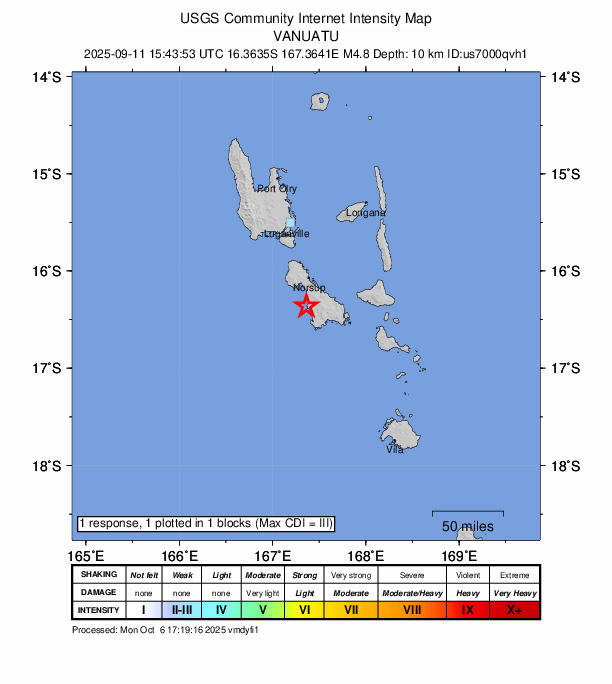 USGS DYFI community-reported intensity map for the M4.9 earthquake near 42 km SSW of Lakatoro, Vanuatu