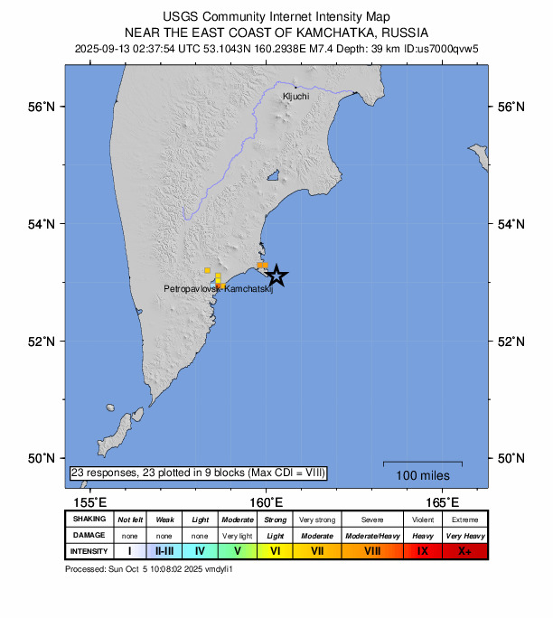 USGS DYFI community-reported intensity map for the M7.4 earthquake near 105 km E of Petropavlovsk-Kamchatsky, Russia