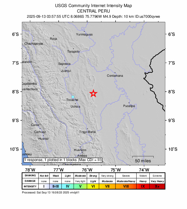 USGS DYFI community-reported intensity map for the M4.9 earthquake near 83 km E of Tocache, Peru