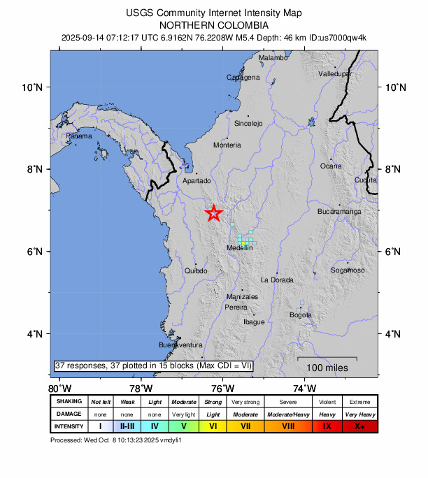 USGS DYFI community-reported intensity map for the M5.4 earthquake near 5 km N of Frontino, Colombia